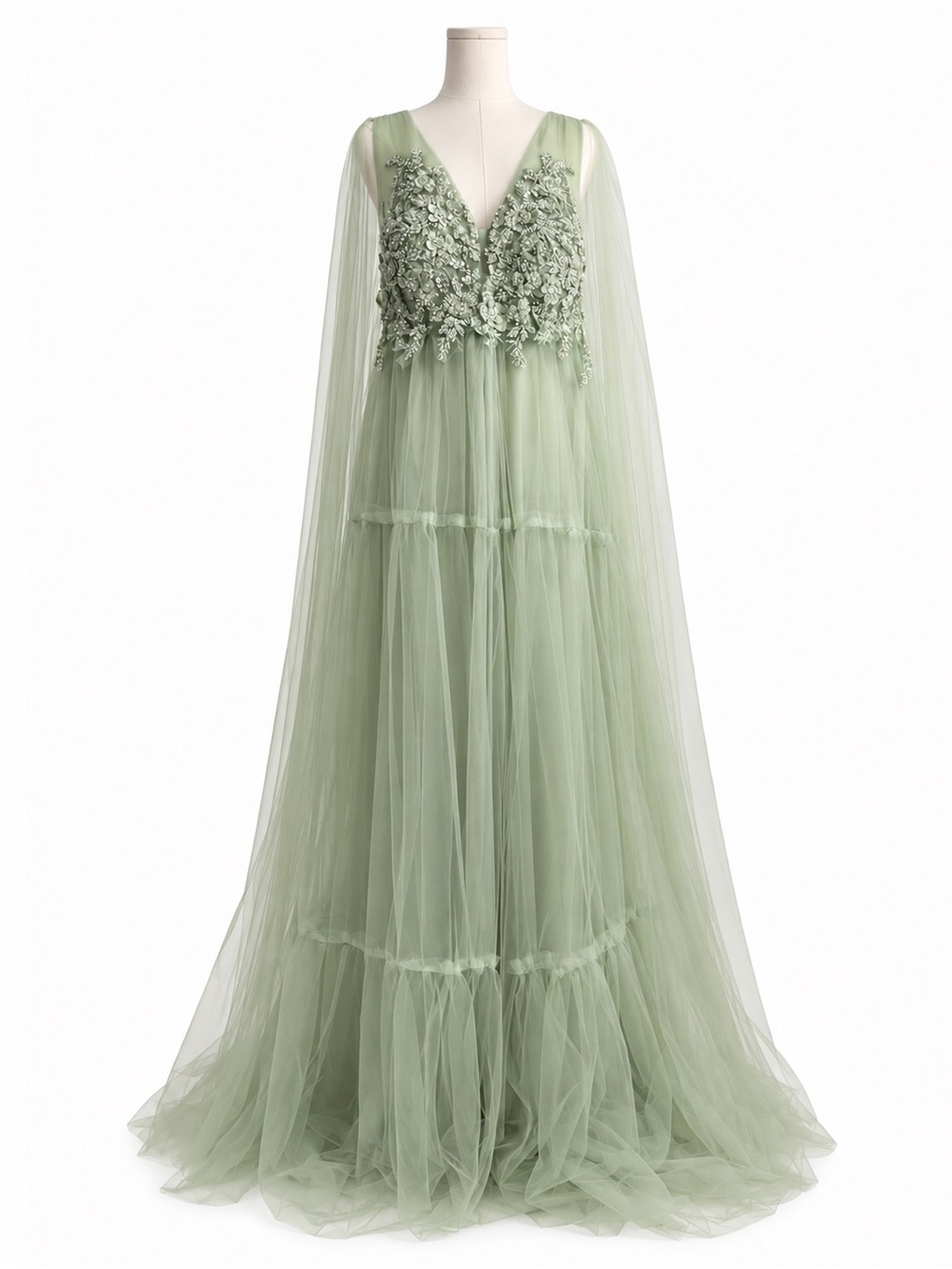 Maternity Photography Gown Sage Green Tulle 3D Floral Cape Dress Plus Size 4XL